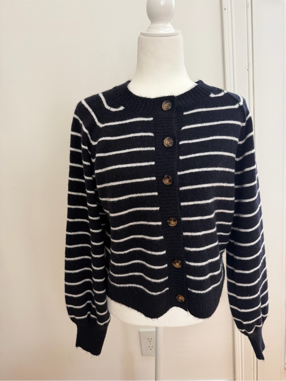 French Connection Women’s Blue Cardigan Sweater with White Stripes
